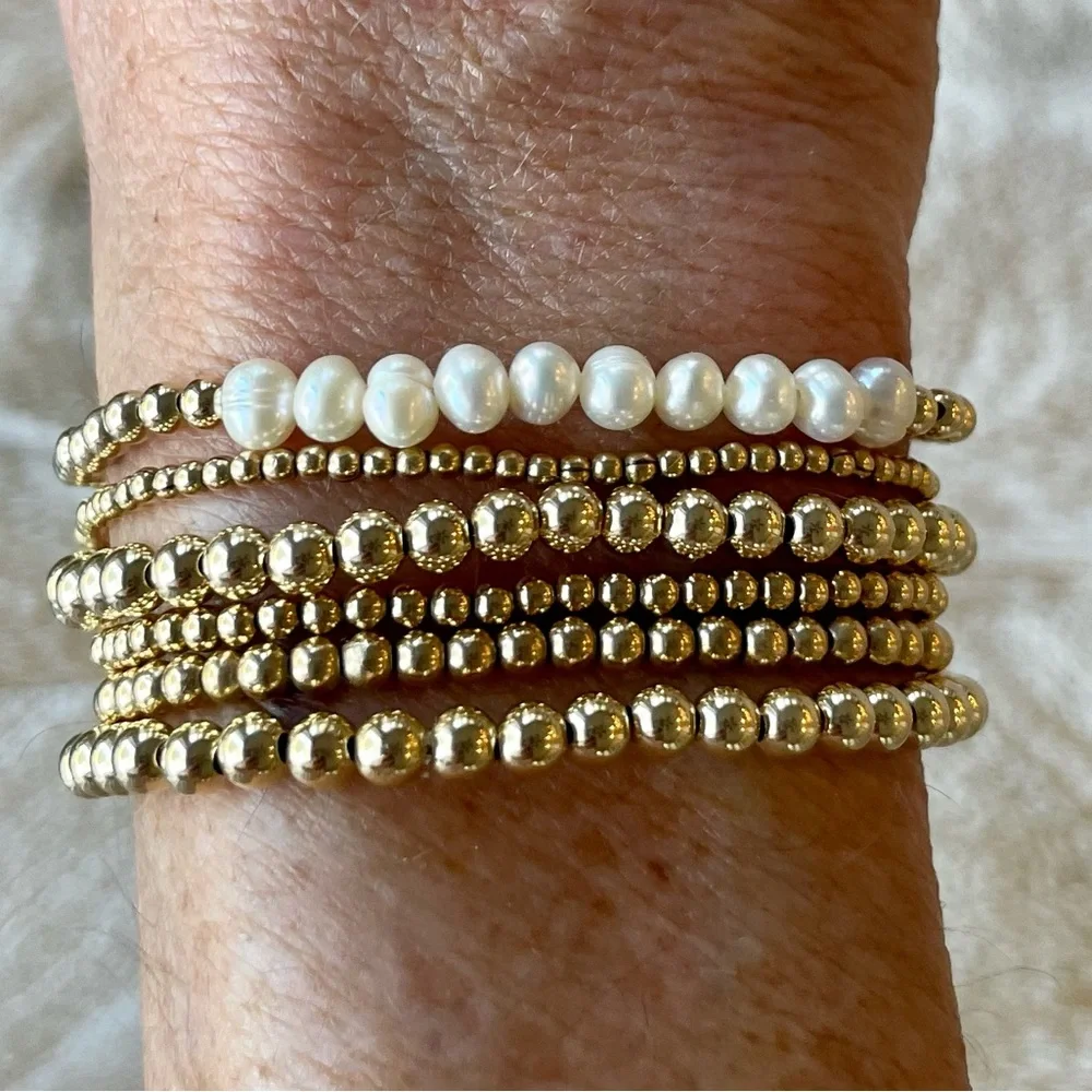 Pearl - Handmade sterling silver bead + freshwater pearl stretch bracelet - Picture 6 of 8